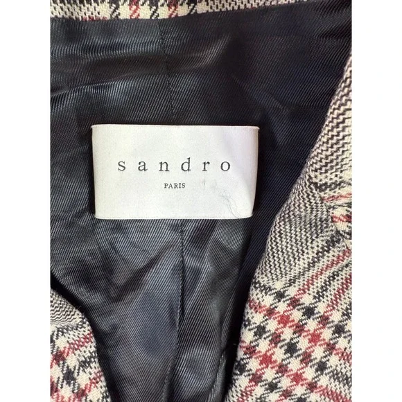 Sandro Paris Lauryn Plaid Wool Blazer Women Size 36 Double Breasted Designer Lux
